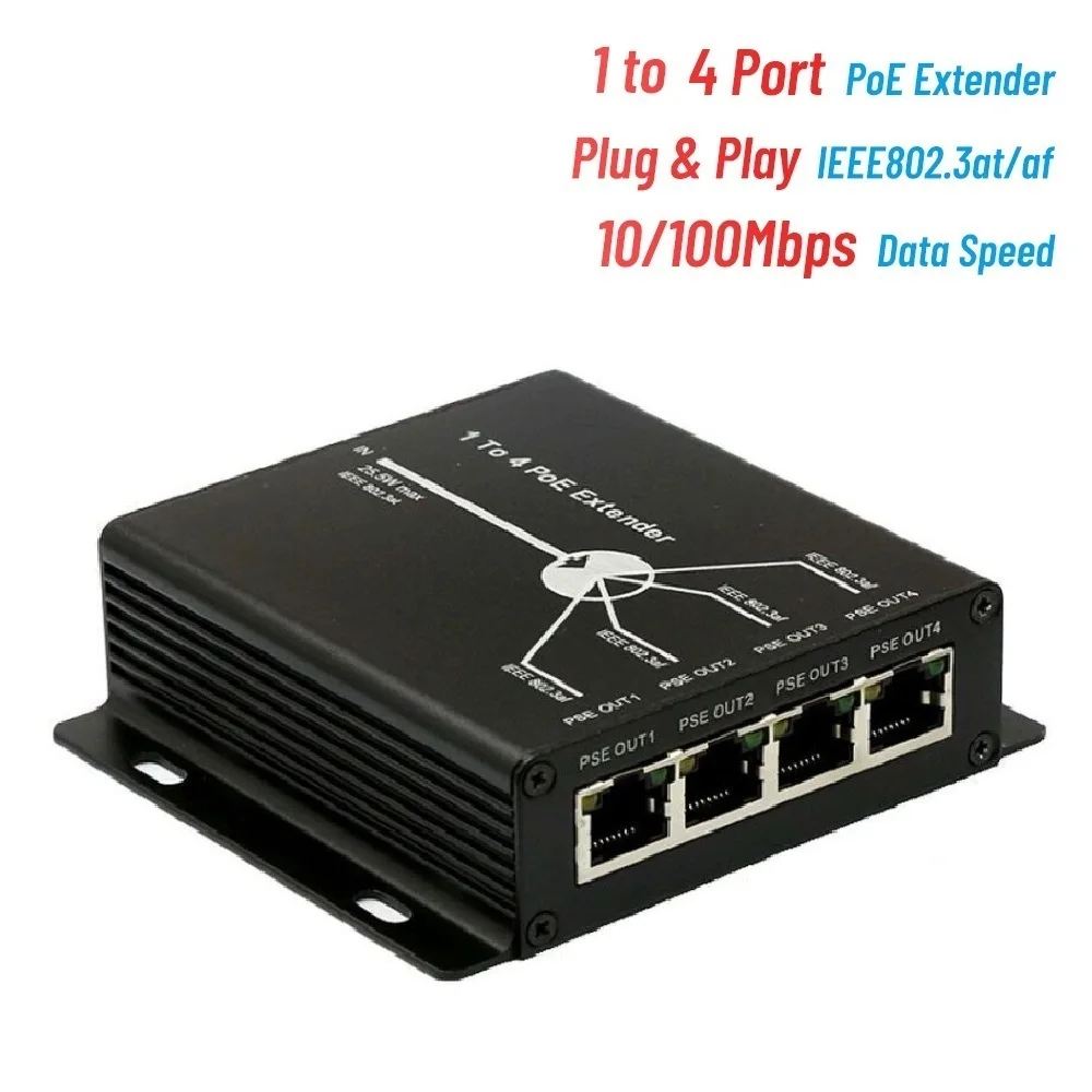 Extensor Poe para câmera ip, dispositivos de rede, plug and play, 1 porta t0 4, 10/100m, 25,5 w, 120 metros, iee802.3af