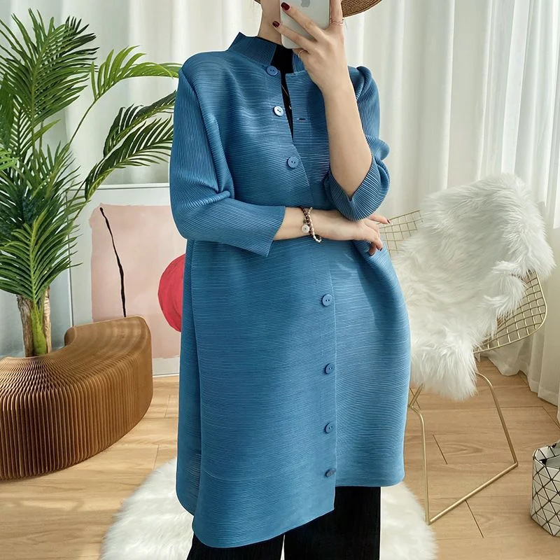 Miyake Pleated Mid-Long Outwear Women New Spring Autumn Stand Collor Loose Solid Trench Coat Fashion Cardigan Windbreaker
