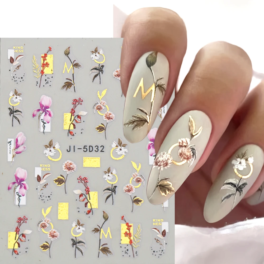 5D Embossed Nail Art Stickers Pink Lily Daisy Flower Nail Decals Cherry Blossom Decor Golden Geometric Lines Sliders GLJI-5D32