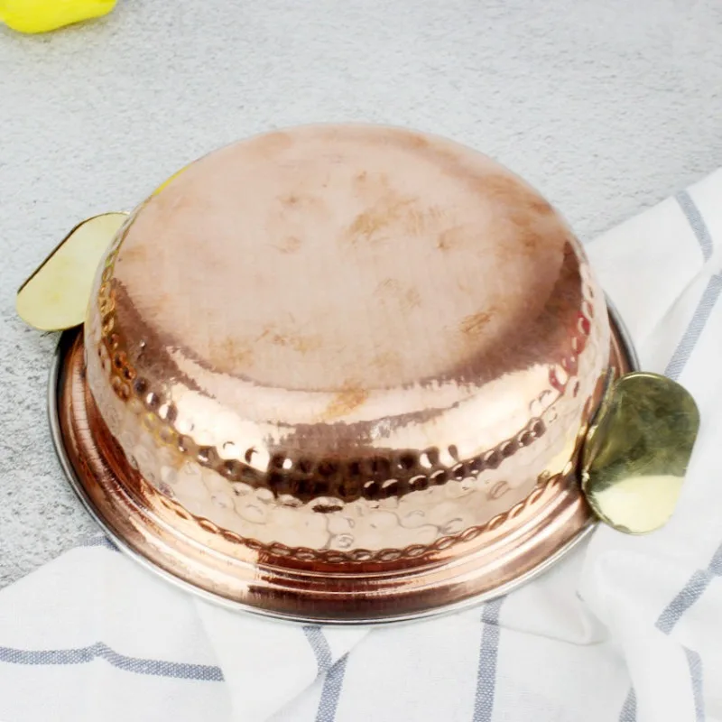 Hand Hammered Copper Serving Bowl With Lid 850ml Inner Stainless Steel Curry Bowl Handles Restaurant Tableware Set