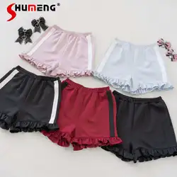 Japanese Mine Style Sweet Cute Simple All-match Shorts Ruffles Side Striped Elastic High-Waiste Bottoming Short Pants for Women