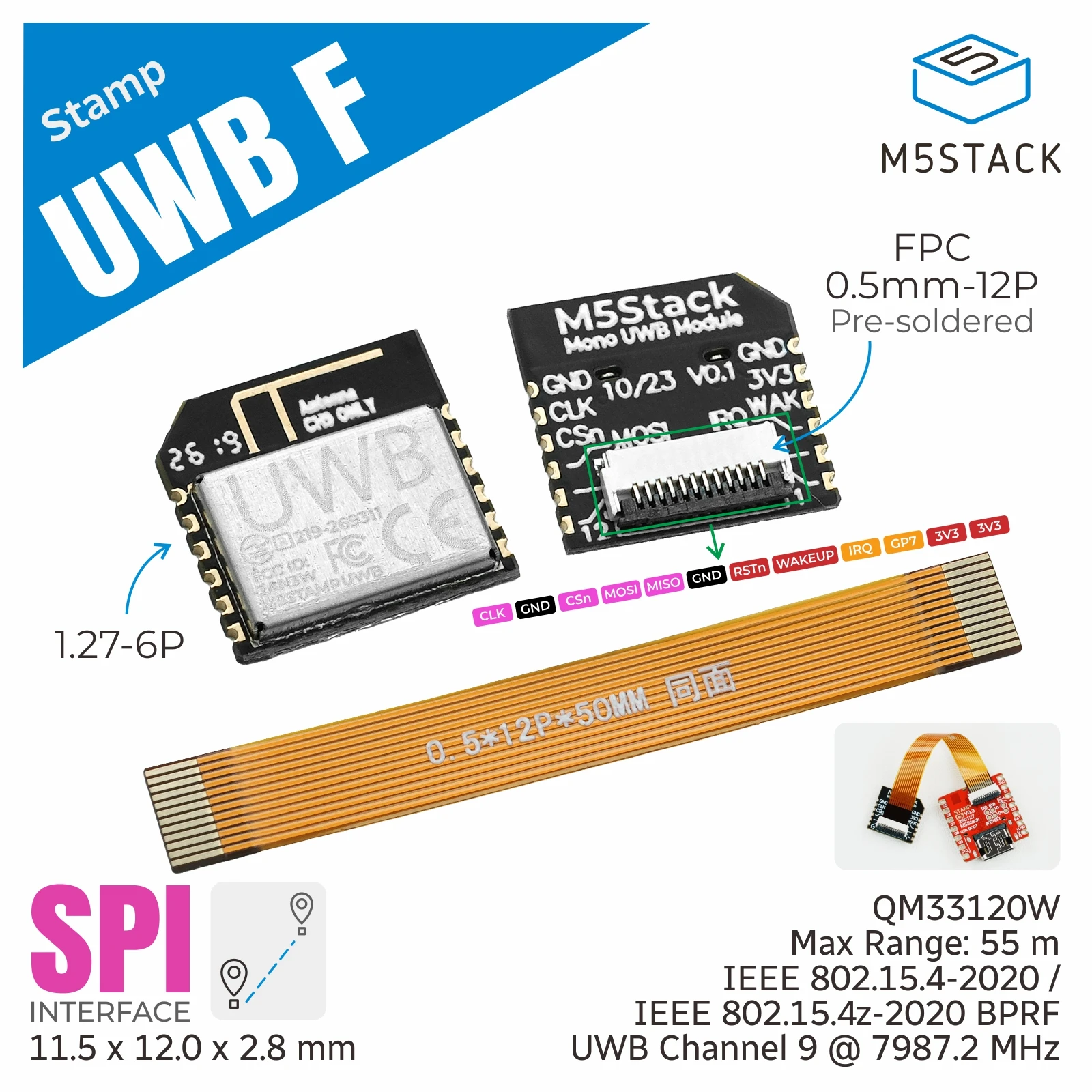 M5Stack Officiële M5Stamp UWB-module met FPC (QM33120W)