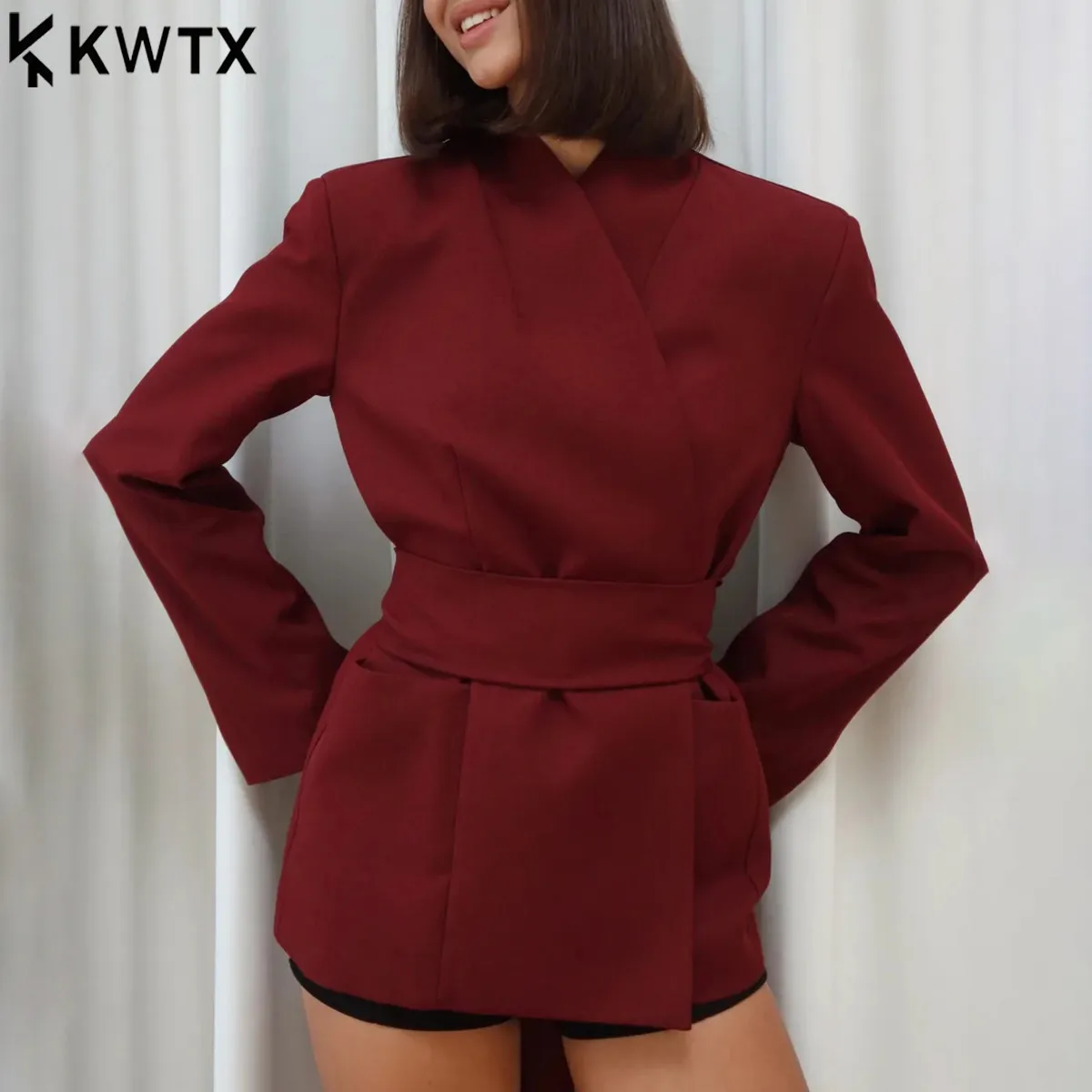 

KWTX 2026 New Women’s Wide Belt Waist Blazer Structured Tuxedo Cutting Elegant Chic Office Formal Luxury Suit Spring and Autumn