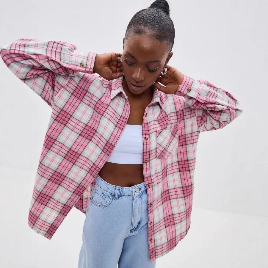 Plaid Loose Fit Shirt with Turn Down Collar Mid Long Length Elegant Women Blouse Long Sleeve Wrinkle Finish No Stretch Winter