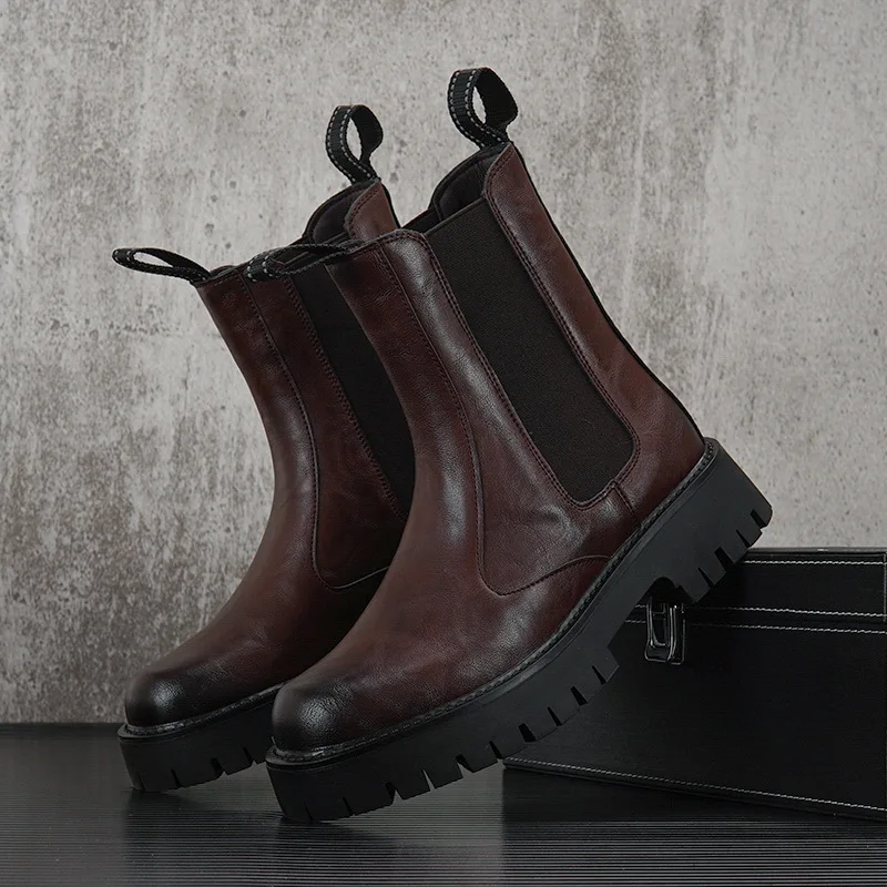 

Мужские высокие дымоходные ботинки в английском стиле, черно-коричневые туфли, ковбойские ботинки челси из натуральной кожи, длинные ботинки на платформе, botas masculina