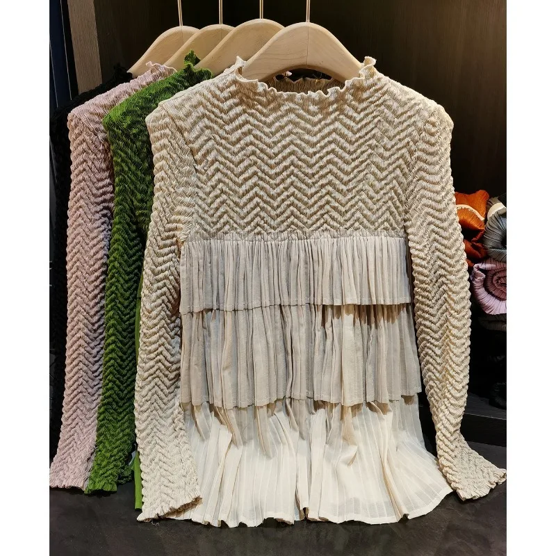 

Pleated Long-sleeved T-shirt Miyake 2026 New Loose Versatile Fashion Wooden Round Neck Tops Women Thin Stretch Plus Size Clothes