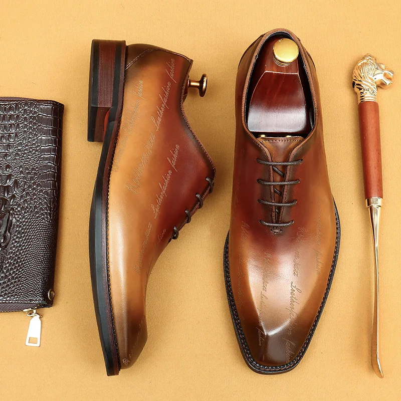 Men's Business Dress Leather Shoes Genuine Leather Shoes Full Cowhide British Laser Engraving Pattern Men's Wedding Shoes 37-46