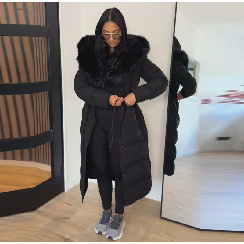 Langer Damen-Puffermantel mit Kunstfellkapuze, Kordelzug in der Taille, Reißverschluss, Knöpfe, dick, warm, Maxi-Steppjacke, Winter-Chic-Casual-Outfit 2026 – Detail 6