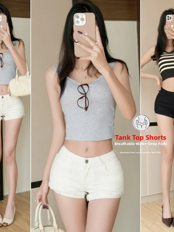 Sexy Low Waist Cuffed White Denim Shorts Women's Elastic Slimming Hot Pants A-Line Tight Fit Summer Cotton Blend Shorts