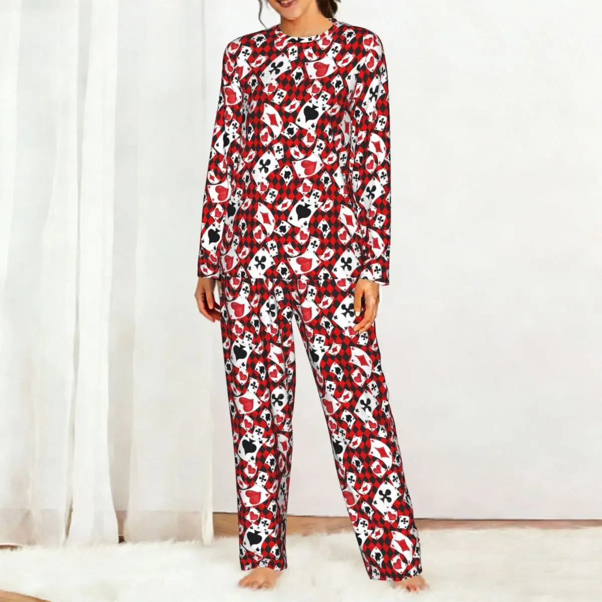Poker Playing Cards Pattern Game 3 Round Neck Long Sleeves Nightdress for Sleeping Sleepshirts Women Loose Pajama Set Long Pants