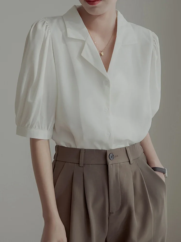 

Chiffon Women Shirts Designed Summer Puff Sleeve V Neck White Ol Vintage Tops Button Up Casual Slim Female Blouse New