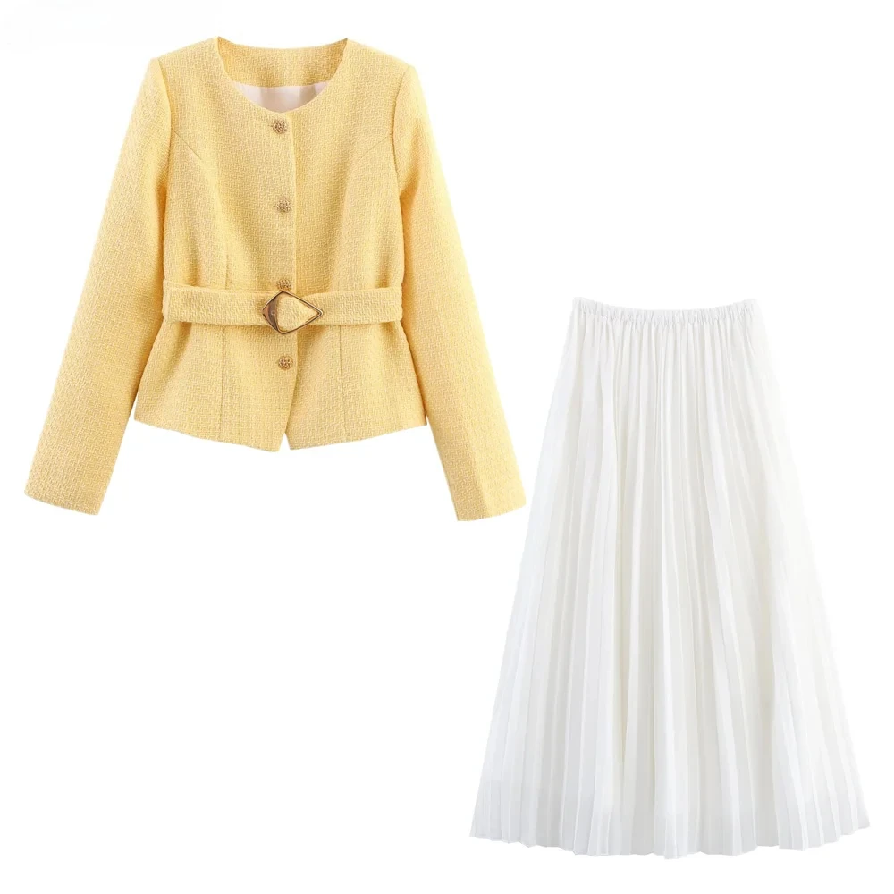 

2 шт., 1 комплект, желтое твидовое пальто с пряжкой, пояс, блейзер + эластичная талия, белая макси-длинная распашная плиссированная юбка, костюмы