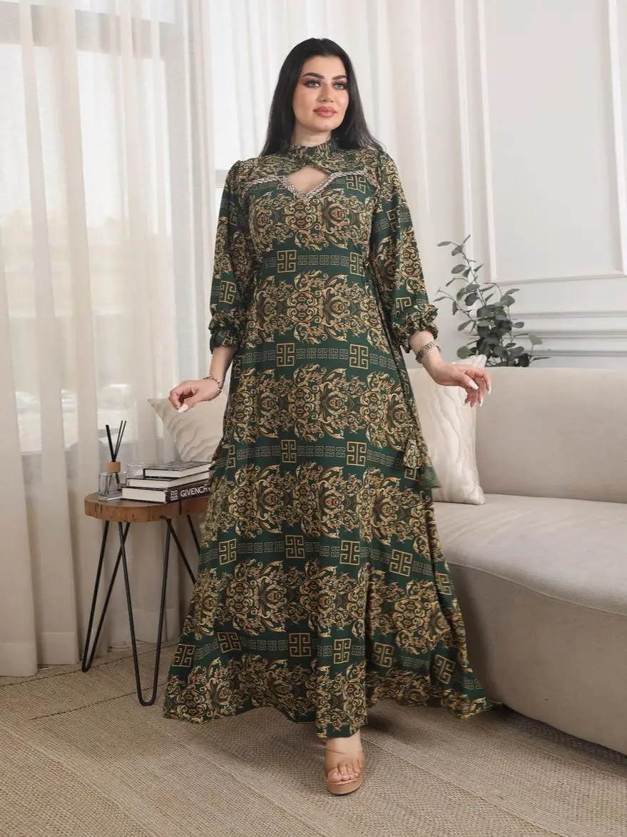 Dubai Printed Long Dress for Women, Ruffles Stand Collar with Rhombus Cutout, Side Belt, Evening Party Gulf Jalabiya, Ramadan