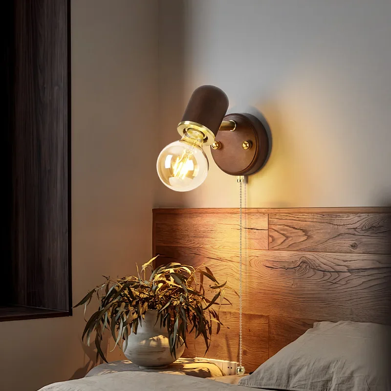 

SANDYHA Japanese Retro Wooden Wall Lamp LED Light for Bedroom Bedside Living Room Indoor Lighting Glass Bulb Decoration