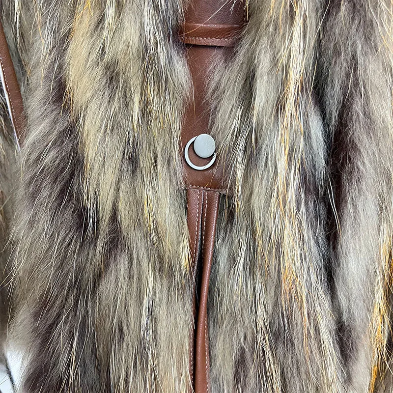 2025 New Fashion Women Real Natural Raccoon Fur Strip Sewed Toghter Coat Winter Thick Warm Long Sleeves Luxury Outerwear Jackets