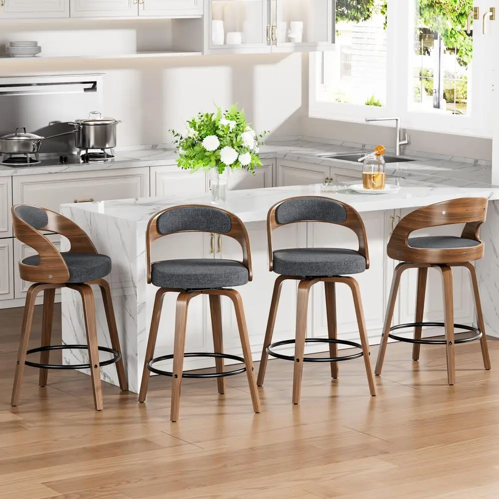 

Swivel Bar Stools Set of 4, 26 holstered Linen Fabric Barstools with Bentwood Legs, Mid Century Modern Counter Height Bar Sto