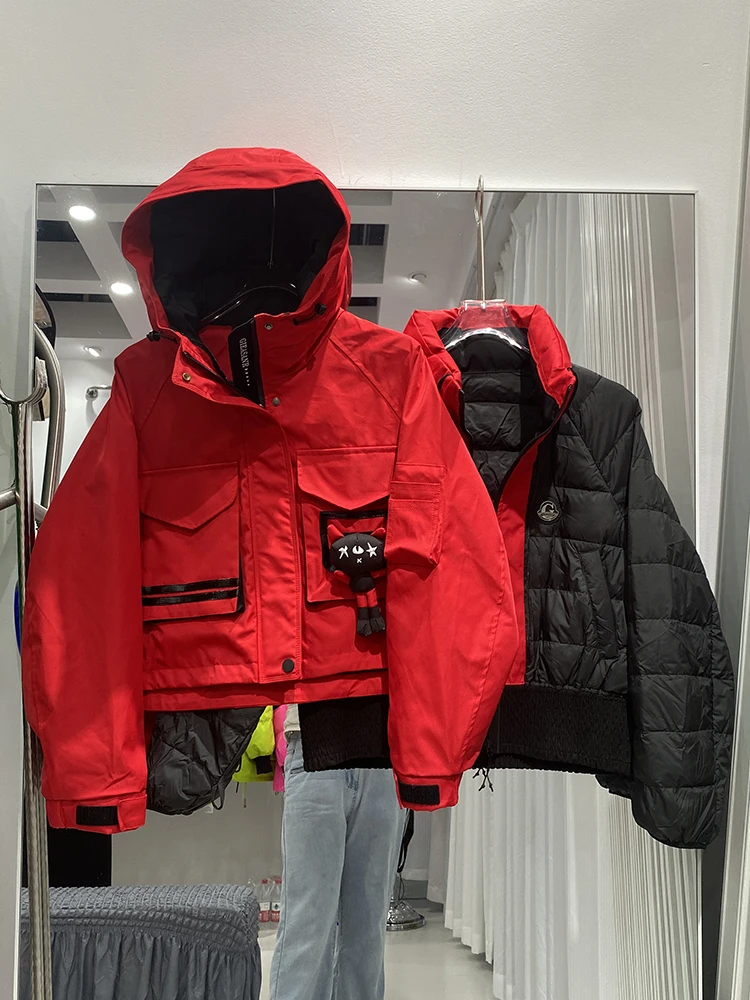 Winter Removable Lining Hooded Down Jackets Female Thick Quilted Parka Outwears Women White Duck Down Doll Splicing Warm Jacket
