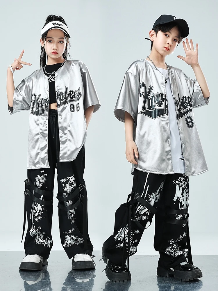 Mode Hip Hop Tanz Kleidung Teenager lose Silber Mantel coole schwarze HipHop Hose Jungen Mädchen Jazz Drum Stage Kostüm Rave bl12970