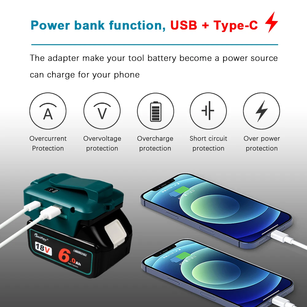 Power source For makita 18V Battery adaptor to PD 22.5W QC3.0 USB C and USB DIY DC12V3A  and worklight Tool Parts Accessories