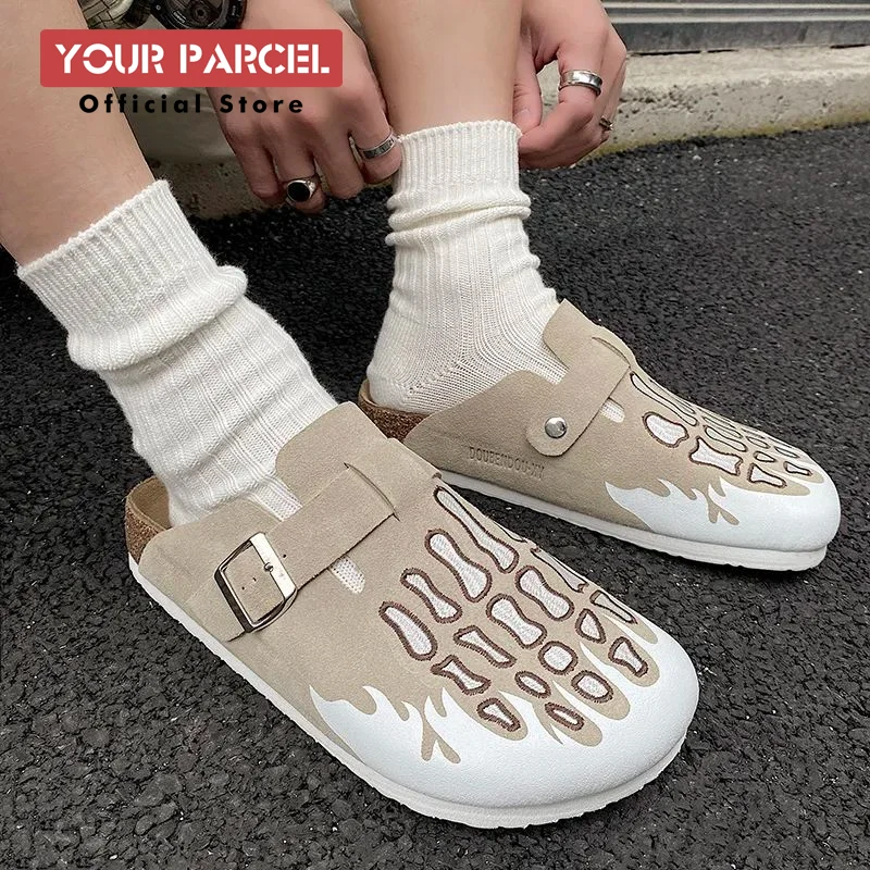 Bone Embroidered Birken Shoes For Men and Women Elevated Genuine Leather Slippers Couple Design Outdoor Slippers Large size