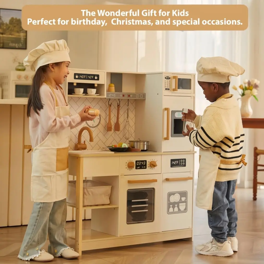 Holz spiel küche Kinder küche Spielset mit echtem Licht & Sound realistische Eismaschine Herd Ofen Koch so tun, als ob Spielzeug küche enthalten