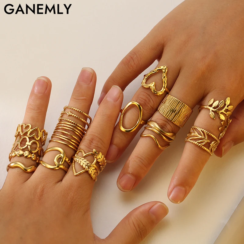 GANEMLY 316L Edelstahl minimalistischer wasserdichter offener Ring Persönlichkeit Charms PVD Gold 18K vergoldet trendiger Schmuck für Frauen