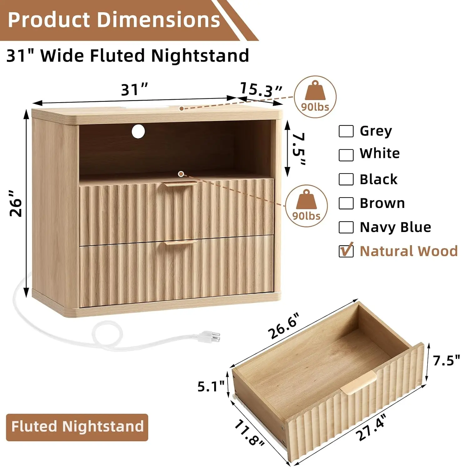 Fluted Nightstand Set of 2 with Charging Station, Oversized 2 Drawer Bedside Table, Modern Bedroom Chest, Customized