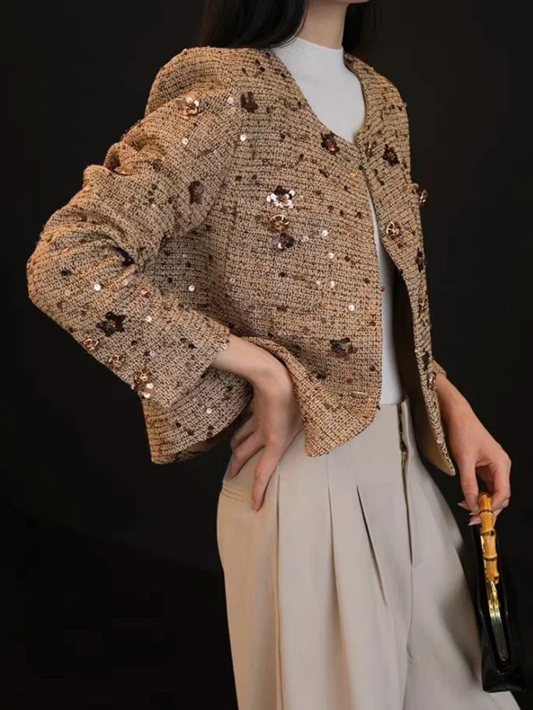 

High-End Sequin Short Elegant Jackets Coat New Autumn Winter Ladies Small Fragrance Style Tweed Woolen Top Female Clothing