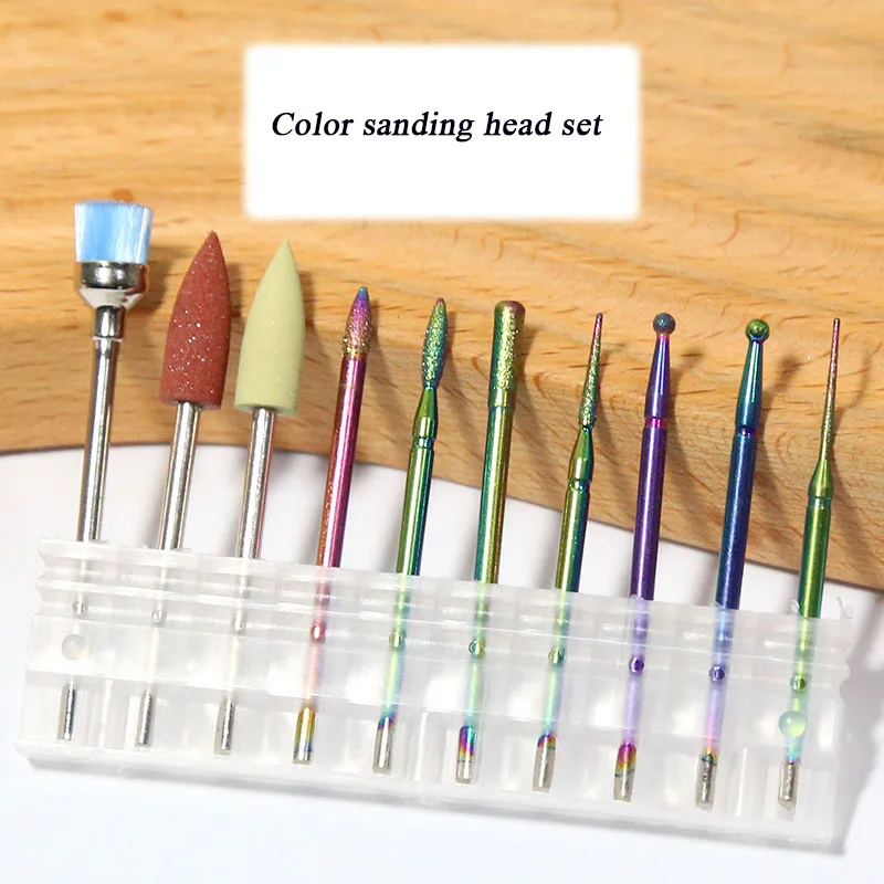 Tungstênio Esculpido Prego Conjunto Cabeça Polonês, Galvanoplastia Manicure, Esfoliante e Removendo Unhas, 10pcs por conjunto