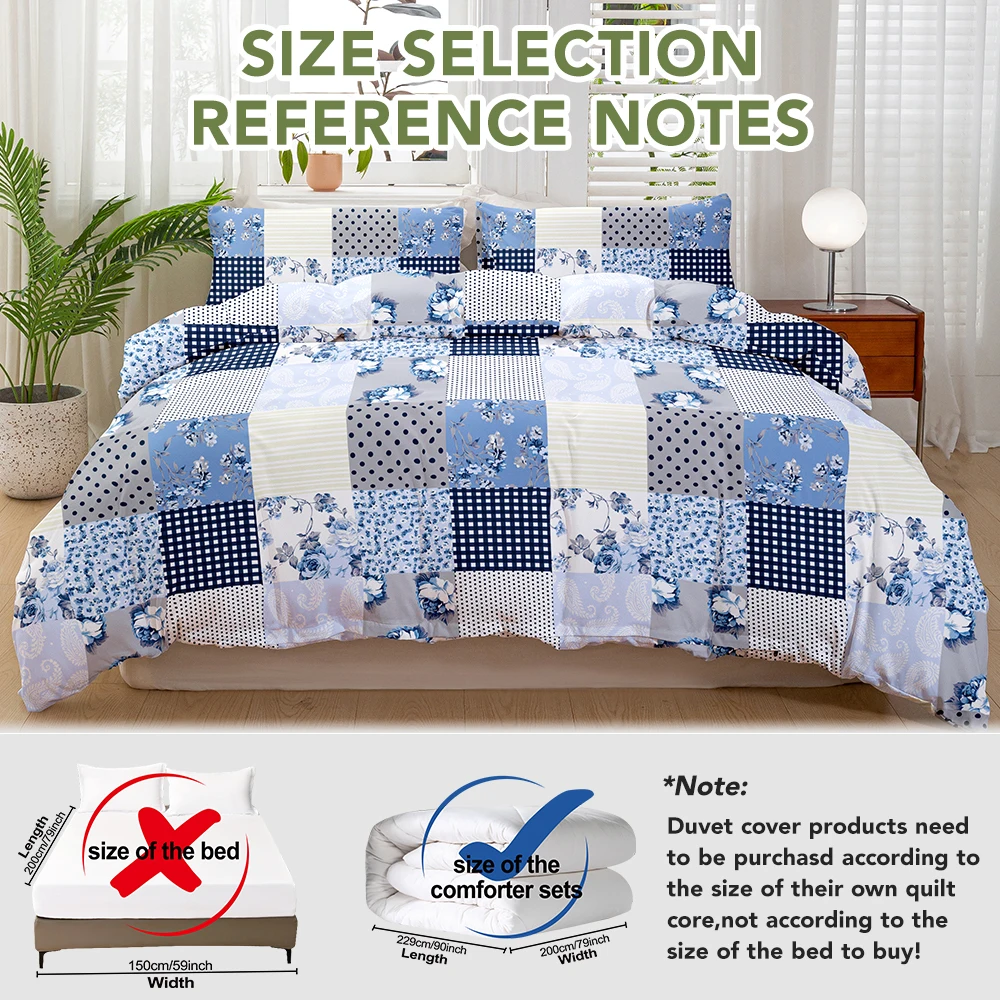 3pcs Fashion Patchwork Blue Floral Gingham Polka Dot Printed Duvet Cover Set, Soft And Breathable, All-Season Universal.