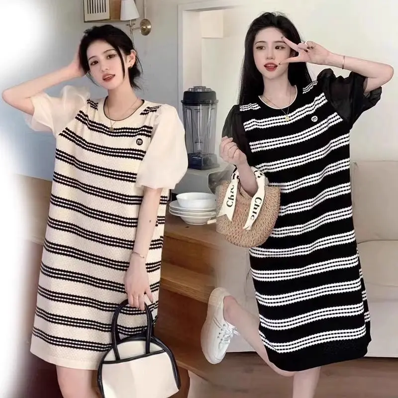 

Women's Dresses Knit Striped Lace Bubble Sleeved Round Neck Mid-lenth Dress Loose Casual Versatile Korean Fashion Summer