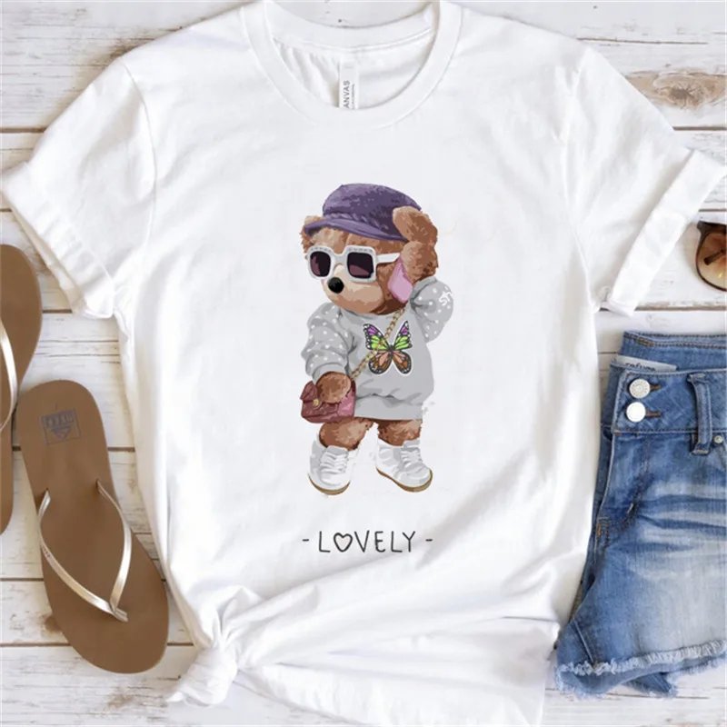 Graphic T-shirt Women's Cute Bear Short-sleeved Clothes Women's Print T-shirt Summer 90's Fashion Style Women's Fashion T-shirt