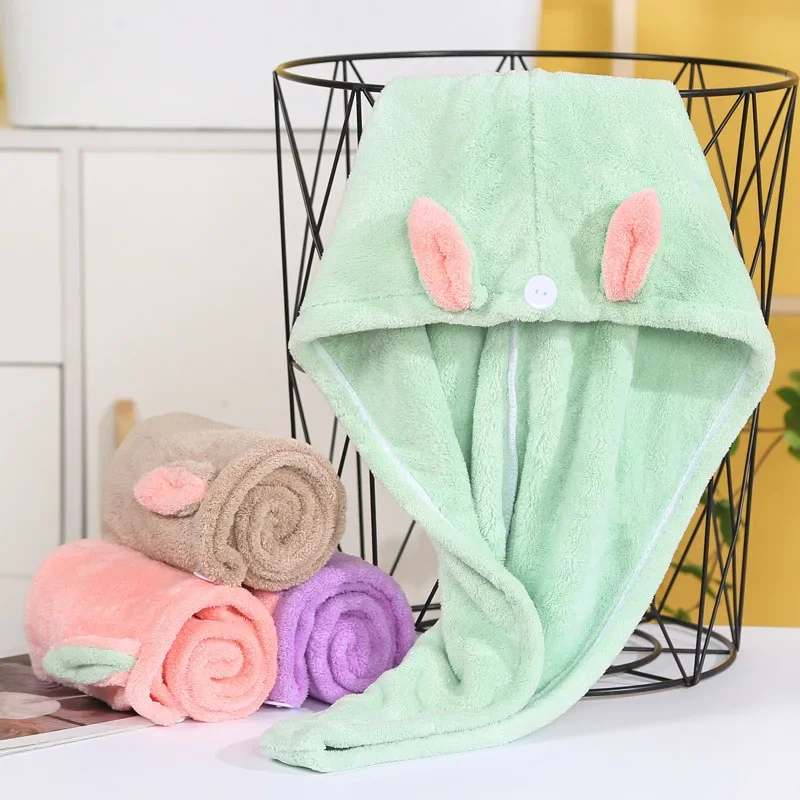 

Cartoon cute rabbit ears coral fleece dry hair cap, thickened soft wipe headscarf absorbent quick-drying shower cap foreign trad