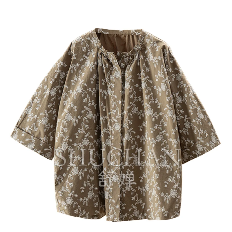 

Elegant Literature and Art, French Retro Floral Pure Cotton Large Silhouette Seven-quarter Sleeve Shirt Women Blouse