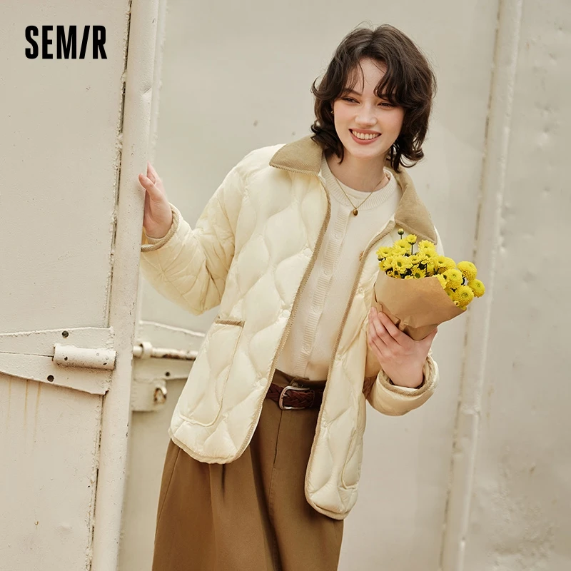 Semir Down Jacket Women Medium Length Light Weight Corduroy Collar 2024 Winter New Vintage Three-Proof Coat