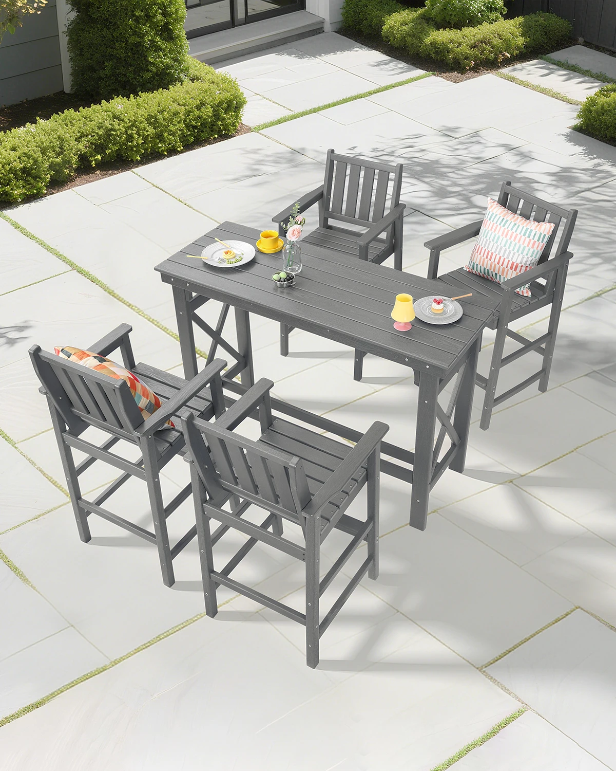 

Heavy Duty 60\" Outdoor Bar Set UV-Proof Woodgrain HDPE Rustproof Steel Screws Gray for Backyard Party Durable Outdoor Furniture