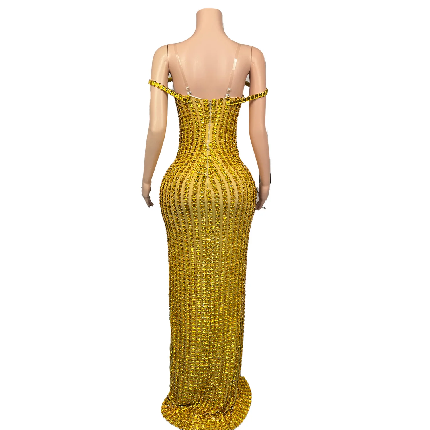 ชุดราตรีเกาะอกประดับคริสตัลสีทองระยิบระยับสำหรับผู้หญิง งานพิธีกร งานเดินแบบบนพื้นที่แสดงบนเวที งานเลี้ยง งานกาล่าดินเนอร์ kaijia