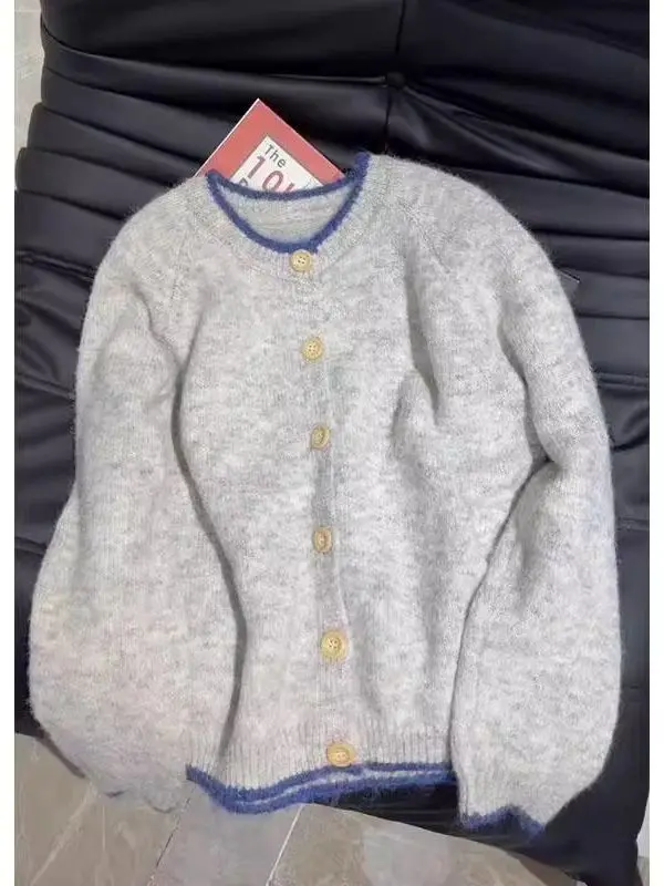 

Большой размер 300 Pou Fat MM Свободный корейский Sle Ретро круглый открытый кардиган вязаный свитер женский новинка 2025 весна осень