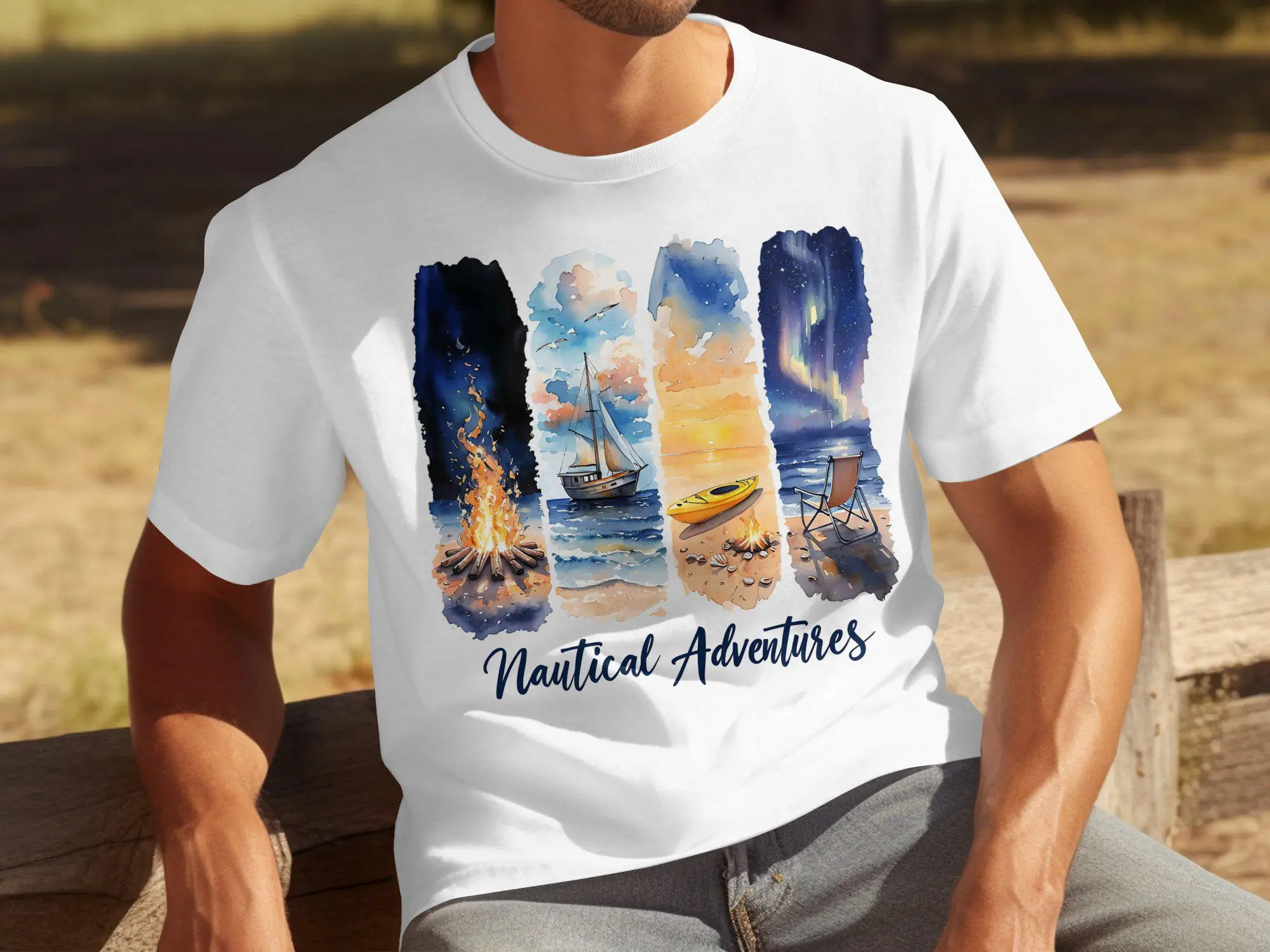 Camisetas y sudaderas de aventuras náuticas, camisetas con estampado de barco a vela, fuego en la playa, kayak, aurora boreal, decoración náutica, regalo para papá