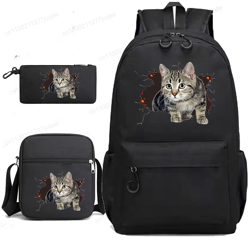 かわいい猫の漫画アニメガールボーイズスクールバッグ新学期バックパック黒バックパックティーンエイジャー用ショルダーランチバッグ3個セット