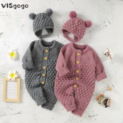 VISgogo 2PCS Baby Fall Winter Clothes Outfits Infant Boys Girls Jumpsuit Long Sleeve Solid Color Knitted Romper + Bear Hat Set