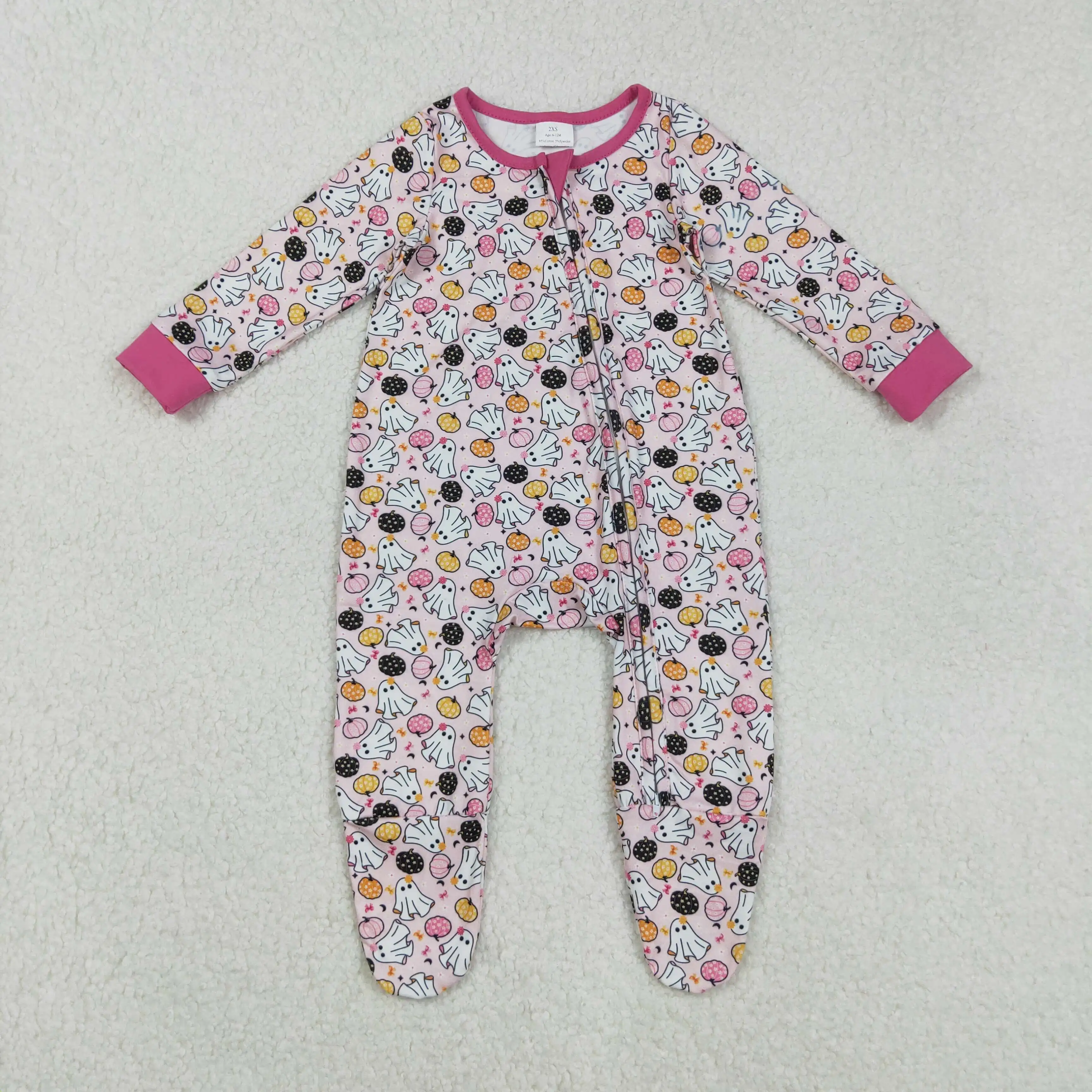 10.21y Red Lace Zipper Long Sleeve Jumpsuit Wholesale Winter Baby Girls Romper Football Horn Bow Pattern