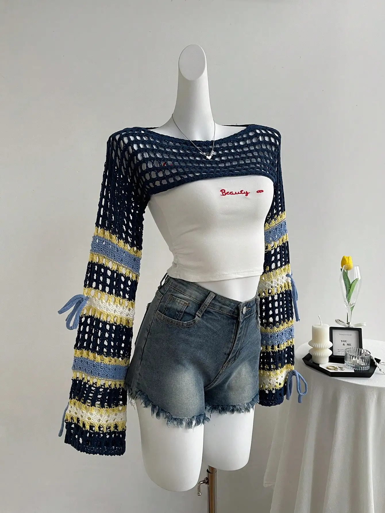 

Women's Colorful Crochet Bowknot Cropped Long Sleeve Sweater, Sweet Style, Spring/Summer/Autumn Knit Pullover Fall Winter