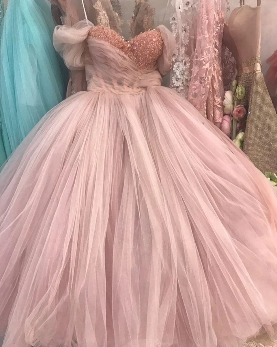 Vestido de fiesta de tul rosa brillante con lentejuelas para mujer, línea A, hombros descubiertos, fiesta de graduación, Princesa, escote Corazón, largo hasta el té, vestidos de noche