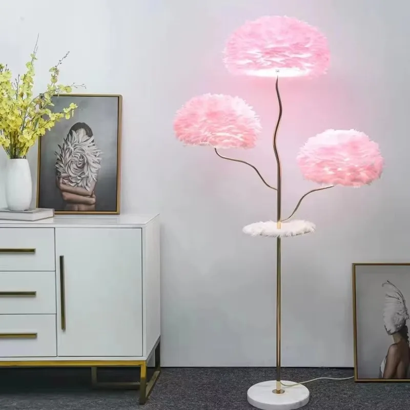 New Indoor Decoration Glass Room Bedside Bedroom Study Designer Living Room Luxury Ostrich Feather Tree Stand Led Floor Lamp