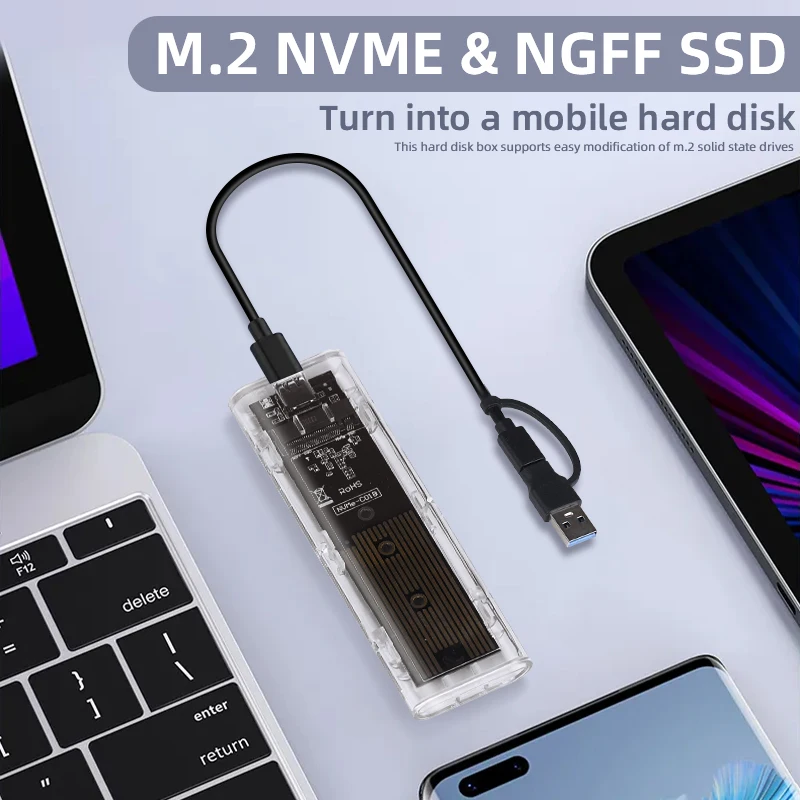 M.2 NVME PCIe NGFF SATA Корпус SSD с двумя протоколами Прозрачный USB Type C 10 Гбит/с PCI-E M2 SSD Прозрачный внешний корпус Коробка для жесткого диска