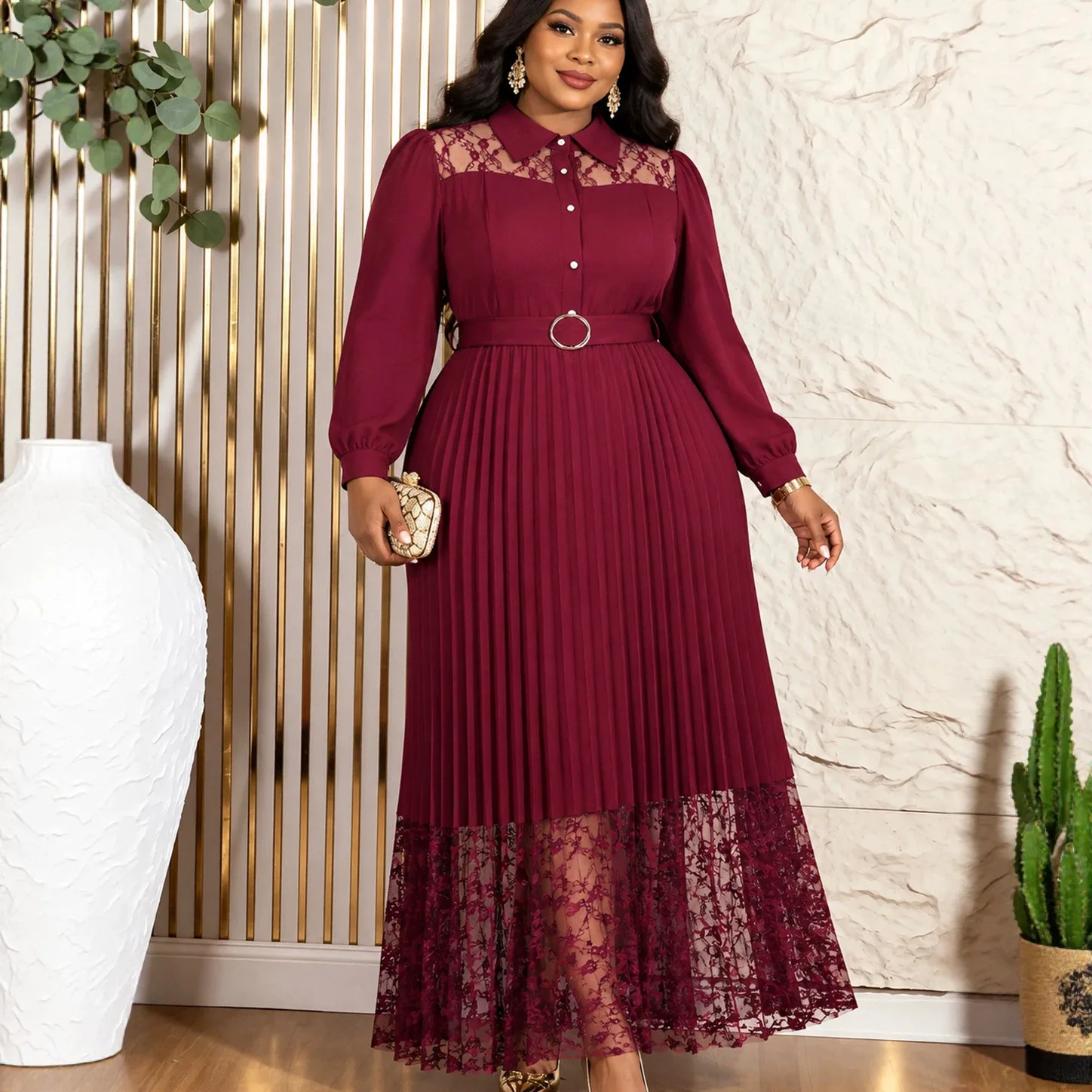 African Women Dresses Pleated Turn Down Collar Lantern Long Sleeve Button Belted Lace Patchwork Church Wedding Guest Party Gown