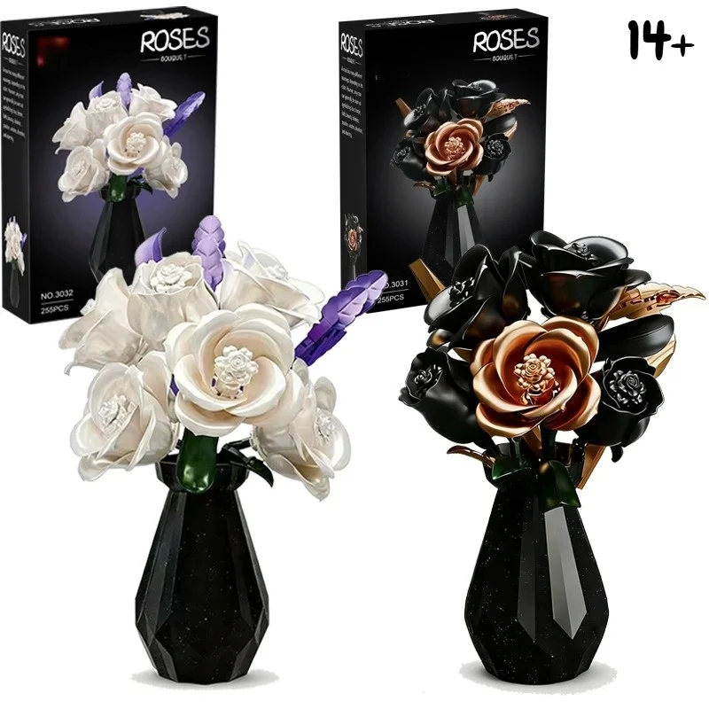 

Набор строительных блоков «Черное золото и белая роза с вазой» 2026 года, декоративное украшение для дома, редкая игрушка-цветок для детей, подарок на день рождения для девочек