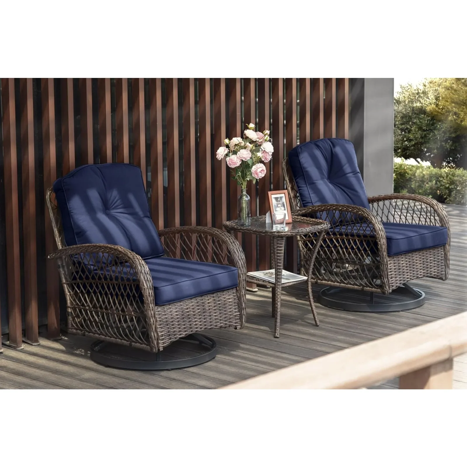 

US 3 Pieces Furniture Set, Outdoor Swivel Glider Rocker, Wicker Patio Bistro Set with Rocking Chair, Cushions and Table