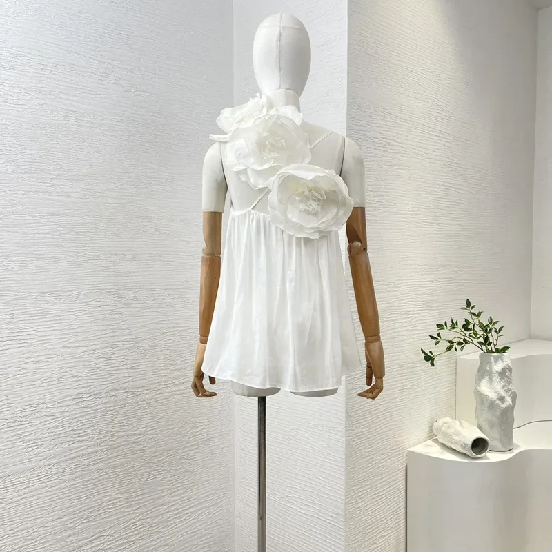 Silk Linen High Quality 2024 White Flowers Blooming One Shoulder Women Blouse Tops